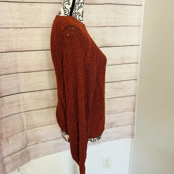 American Eagle Women’s Brown Cable Knit Ribbed Puff Sleeve Sweater S - Picture 2 of 8